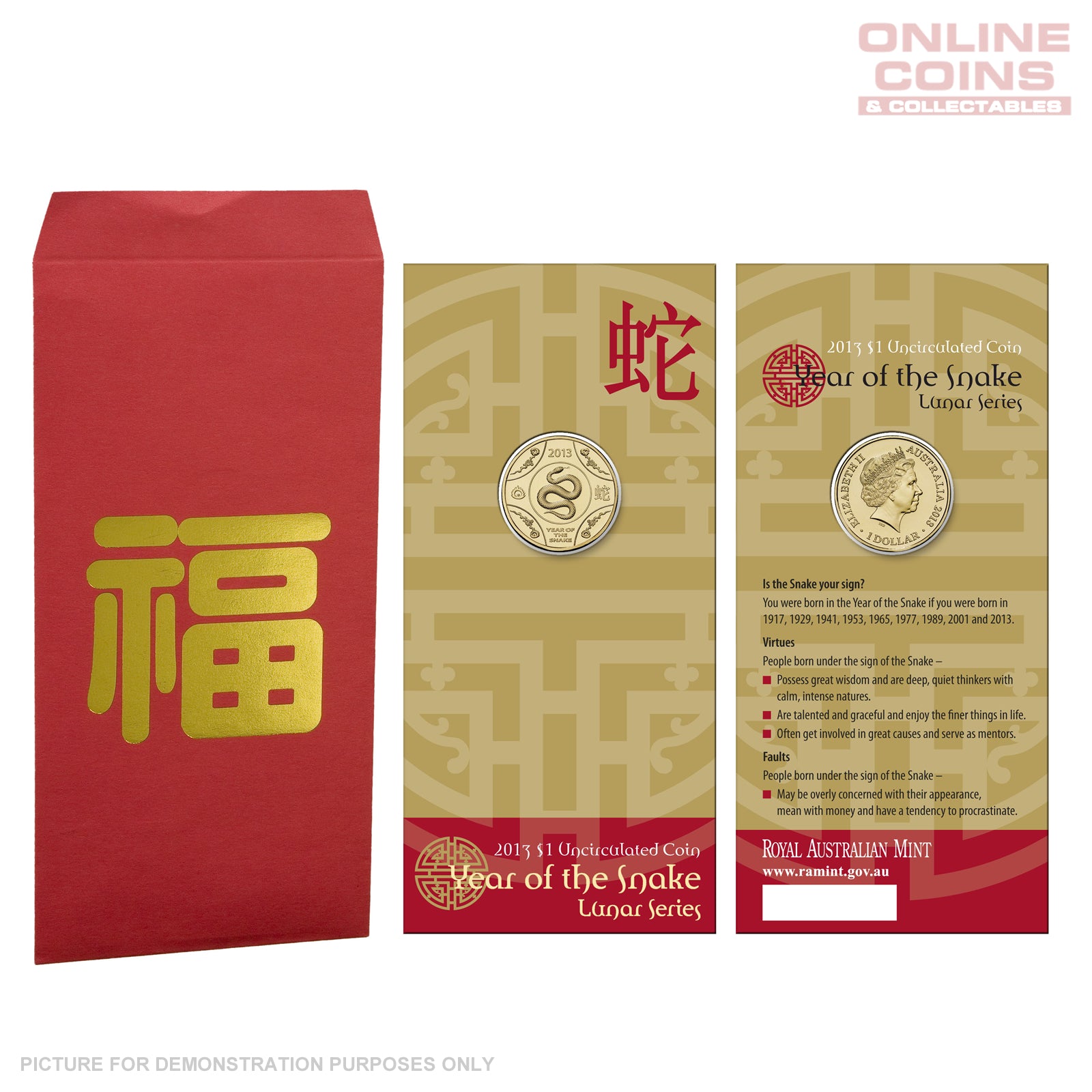 2013 Royal Australian Mint - Lunar Year of the Snake - Uncirculated $1 Carded Coin